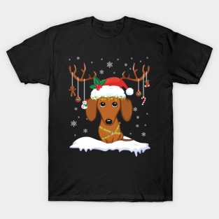 Dachshund Reindeer Santa Noel Costume Dancing On Snow Merry T-Shirt